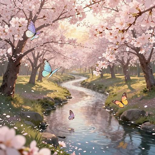 Digital artwork of a sunlit cherry blossom tree-lined creek with four colorful butterflies (blue, orange, yellow) fluttering above and beside the reflective water