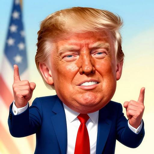 Cartoon-style caricature of Donald Trump with exaggerated features, blue suit, red tie, and raised index fingers, against a blurred American flag background.