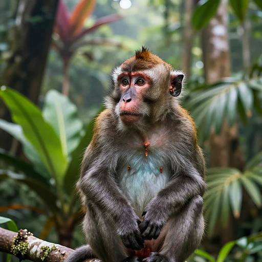Photograph of a curious gray monkey with reddish-brown face and chest, sitting on a branch in a lush, green jungle.