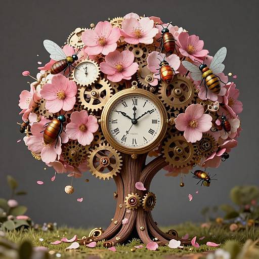 Steampunk clock tree with pink flowers, gears, and buzzing bees; clock face centered; background dark gray, grass foreground. Digital artwork.