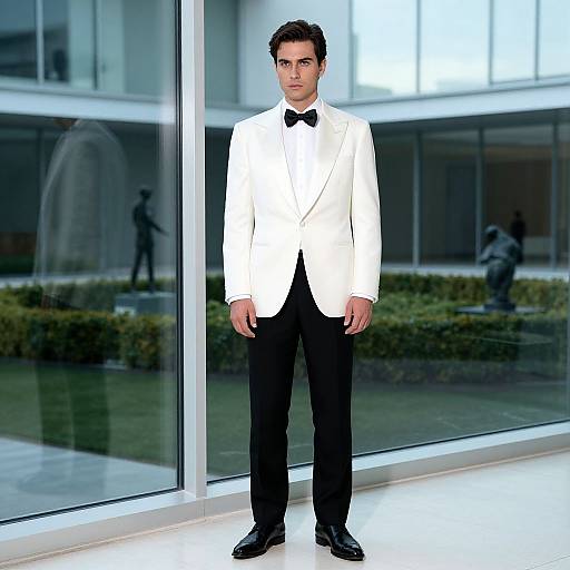 Photograph of a handsome man in a white tuxedo with black bow tie and pants, standing in front of modern glass building, reflecting outdoor sculptures