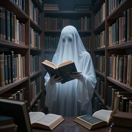 Photograph of a ghostly figure in white, eerie faceless mask, reading a book in a dimly lit, narrow library aisle with tall book