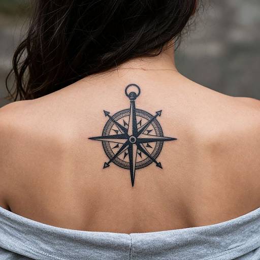 Photograph of a woman's back with a black nautical compass tattoo centered on her upper back, wearing a gray off-shoulder top.