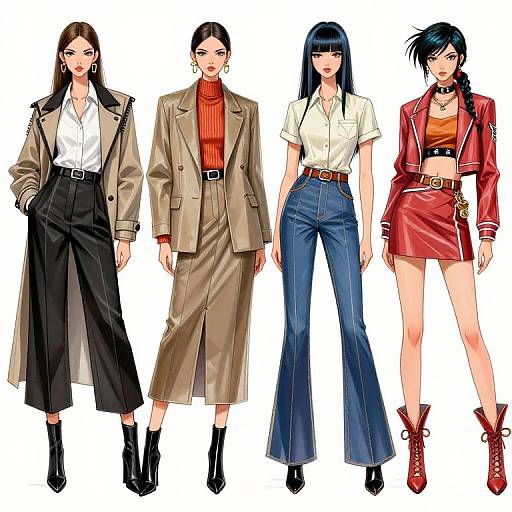 Digital anime-style illustration of five stylish women in different outfits: trench coat, turtleneck, leather jacket, white blouse, red mini dress.