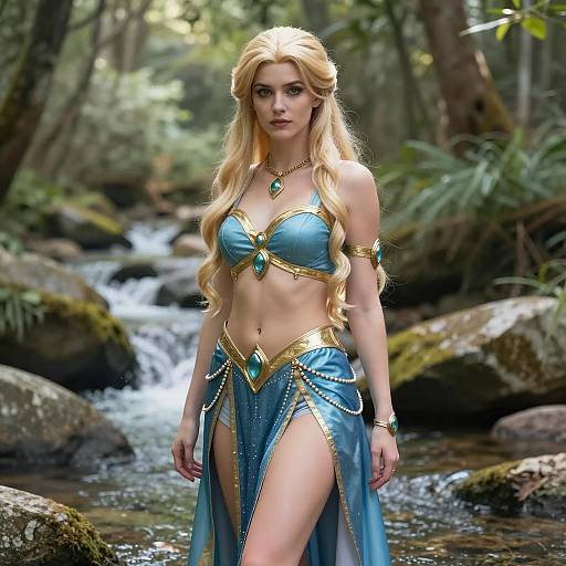Blonde Woman in Blue and Gold Fantasy Warrior Costume by Stream