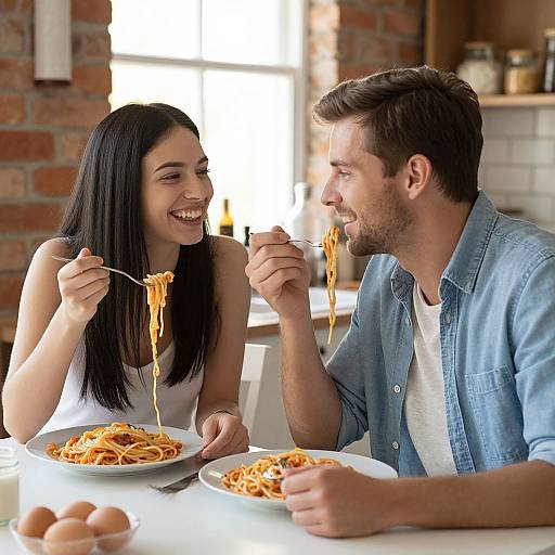 Photograph of a smiling couple with black and brown hair, eating spaghetti at a white table in a brick-walled kitchen.