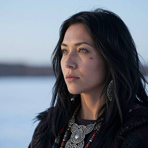 Photograph of a serious-looking woman with long black hair, light skin, green eyes, and a small red mark on her cheek, wearing a black