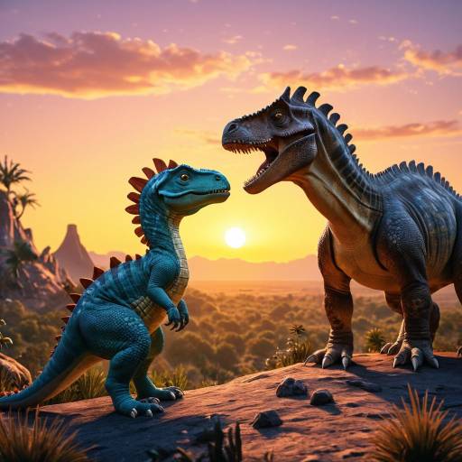 Disney-Style Cartoon Pachycephalosaurus and Coelurosaur at Sunset Disney-Style Cartoon Pachycephalosaurus and Coelurosaur at Sunset