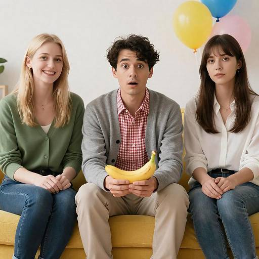 Surprised Trio on a Yellow Couch