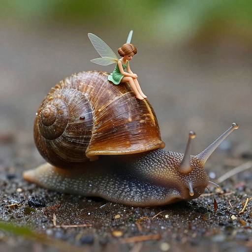 Photograph of a brown snail with a small, detailed fairy figurine with green dress and translucent wings standing on its shell. Background is blurred green