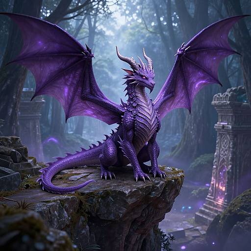 Digital artwork of a majestic purple dragon with glowing wings sitting on a mossy cliff in a mystical, foggy forest. Ruined stone pillars and eth