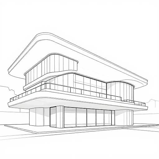Black-and-white architectural line drawing of a modern, multi-story house with curved rooflines, large windows, and prominent overhanging sections.