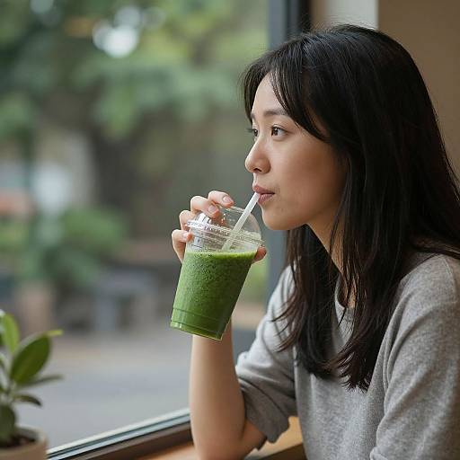 Photograph of an Asian woman with straight black hair, wearing a gray sweater, sipping a green smoothie through a straw at a café with a