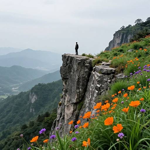 Solitary Figure Over Misty Mountain Vista