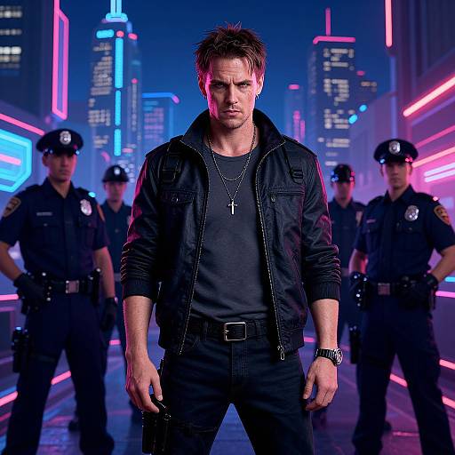Neon-lit cityscape photograph of a brooding man in a black jacket, necklace, and jeans, flanked by four police officers.