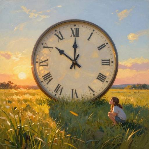 Digital painting of a giant clock face in a sunlit field, with a girl crouching in the grass, watching the sunset.