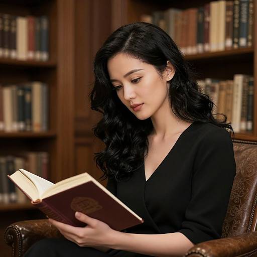 Elegant Woman Reading in Vintage Library