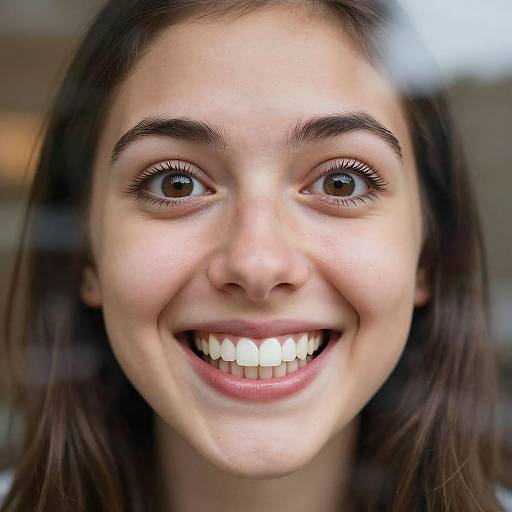 Close-up photograph of a smiling young woman with fair skin, dark brown eyes, and straight brown hair, showing white teeth. Background is blurred.
