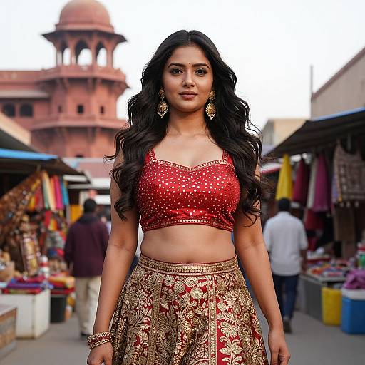 Photograph of an Indian woman with long black hair, wearing a red polka dot crop top and gold floral skirt, standing in a bustling market with