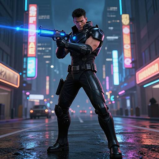 CGI image of a muscular, black-clad man with spiked hair, wielding a glowing blue gun, standing in a neon-lit, rainy urban