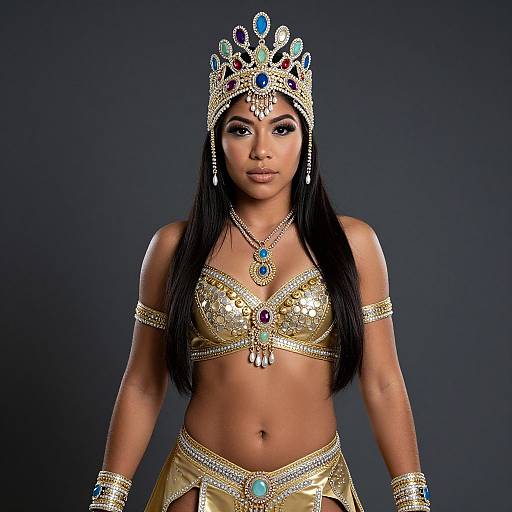 Photograph of an Indian woman with dark skin, long black hair, wearing a gold and jewel-encrusted headpiece, bra, and skirt