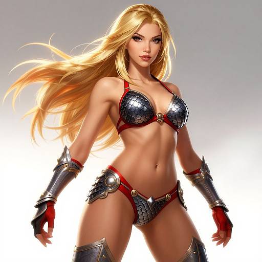 Digital artwork of a strong, blonde, fair-skinned warrior woman with long hair, wearing metallic armor bikini, red gloves, and armor bracers,