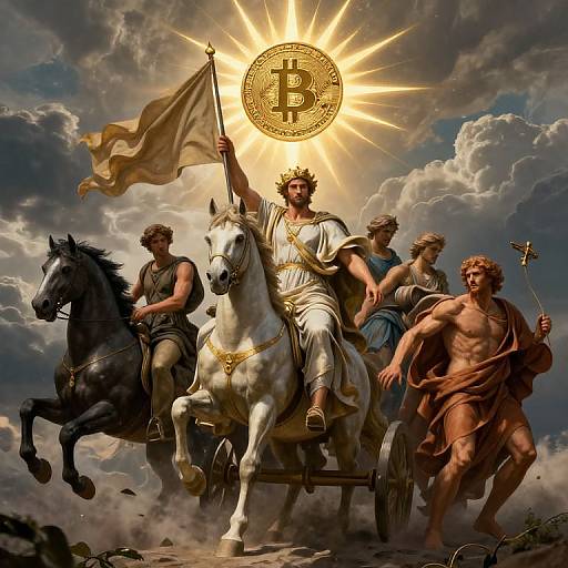 Digital artwork: Zeus-like figure with golden armor and a white horse, holding a Bitcoin coin, surrounded by muscular, classical-style figures against a stormy
