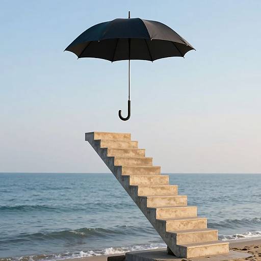 Photograph of a black umbrella floating above a concrete staircase descending into the ocean, with clear blue sky and gentle waves.