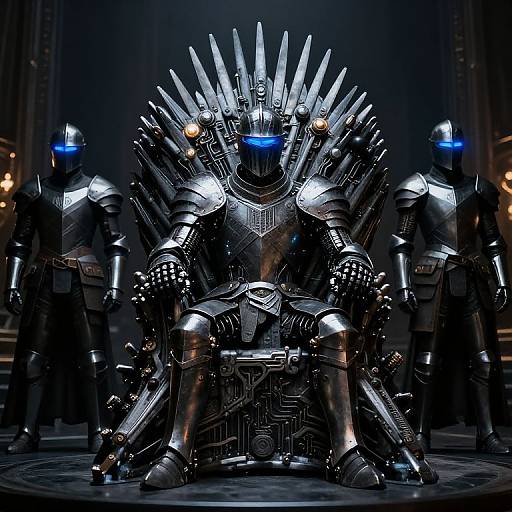 Photograph of a futuristic, robotic Iron Throne with three armored guards, featuring blue glowing eyes, metallic textures, and dark, dramatic lighting.