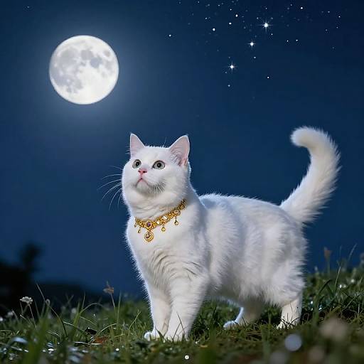 Photograph of a fluffy white cat with a gold necklace, standing on grass under a bright full moon and starry night sky.