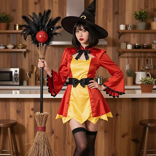 Vibrant Witch Costume in Wooden Room