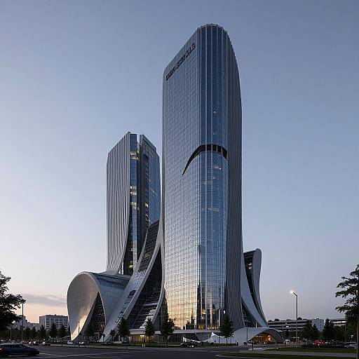 Photograph of two modern, curvilinear glass skyscrapers at dusk, with reflective blue-tinted windows, sleek architecture, and urban surroundings