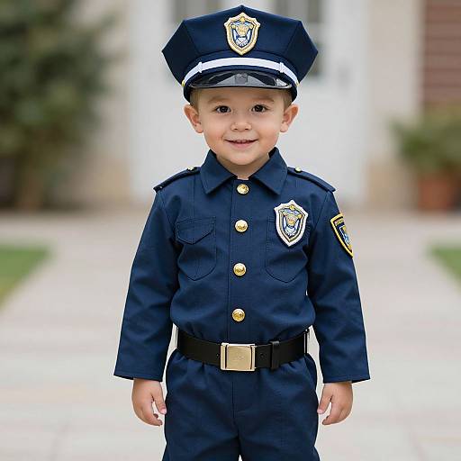 Photograph of a smiling young boy in a navy blue police uniform, complete with cap, badge, and belt, standing outdoors.