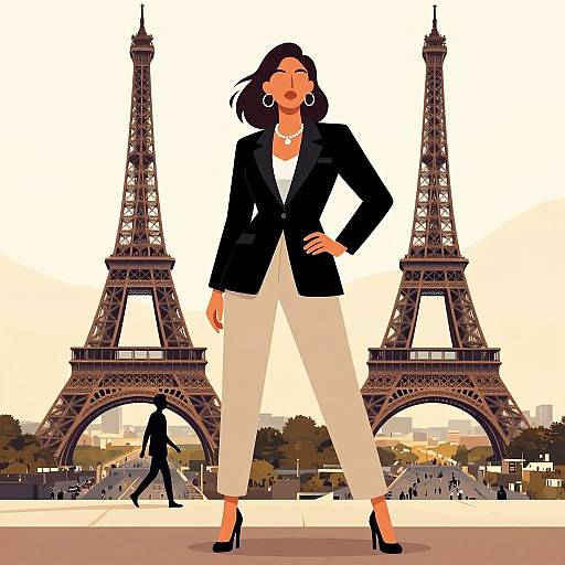 Digital illustration of a confident woman in a black blazer and white pants, standing before the Eiffel Tower with another figure walking in the background.