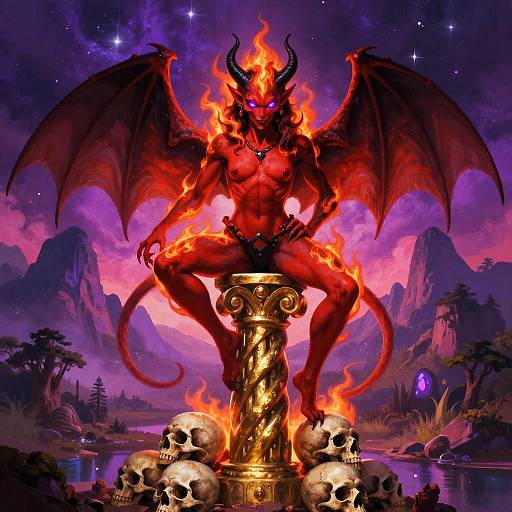 Fiery Demon on Golden Column with Skulls