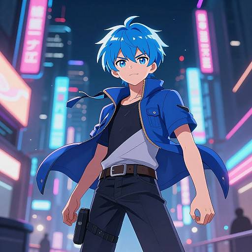 Anime-style digital drawing of a blue-haired boy with bright blue eyes, wearing a blue jacket, black shirt, and black pants, standing confidently in a