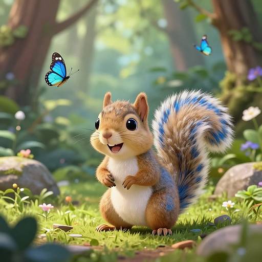 CGI image of a cute, fluffy, blue-and-brown squirrel with a white belly, standing on its hind legs, smiling at a blue butterfly