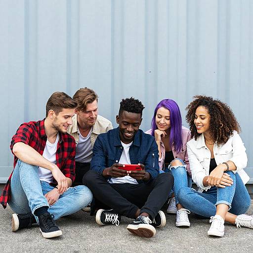 Friends Laughing Over Phone on Pavement