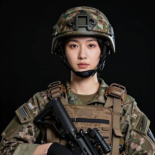 Photograph of an Asian female soldier in camouflage uniform, helmet, and tactical gear, holding a rifle, with a black background.