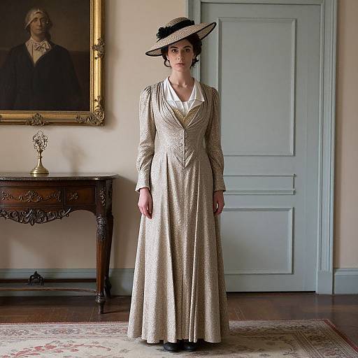 Photograph of a serious woman in a vintage, long-sleeved, beige lace dress and wide-brimmed hat, standing in an elegant room
