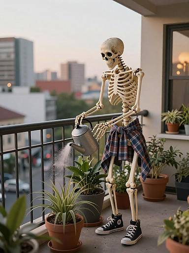Skeleton Tending Plants on Urban Balcony