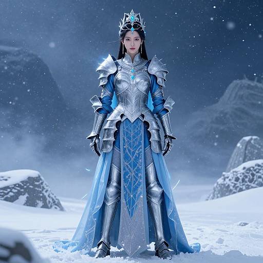 Photorealistic CGI of an Asian queen in silver and blue ice-themed armor, crown, and dress, standing in a snowy mountain landscape.