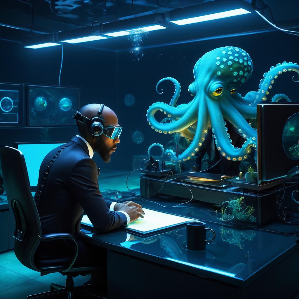 Surreal Octopus in Underwater Research Lab