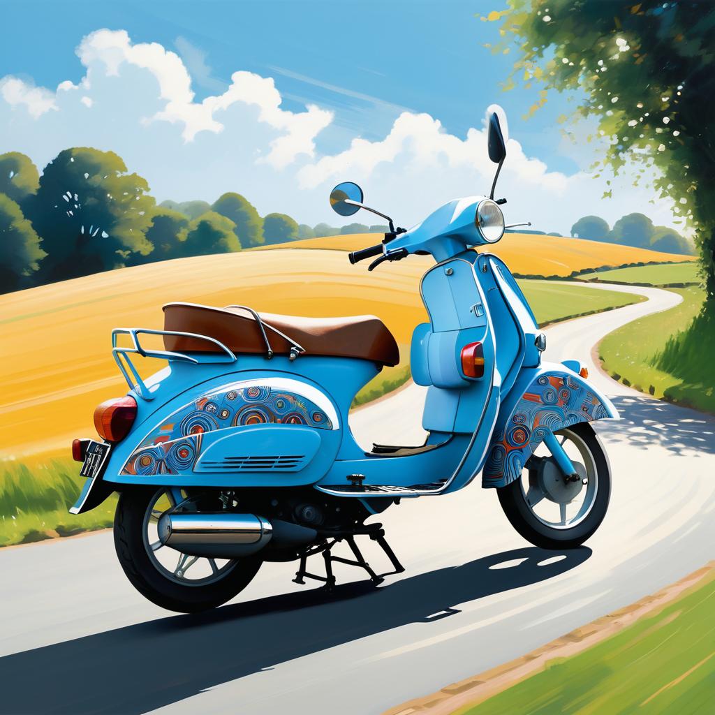 Sky Blue Moped Racing Through Countryside