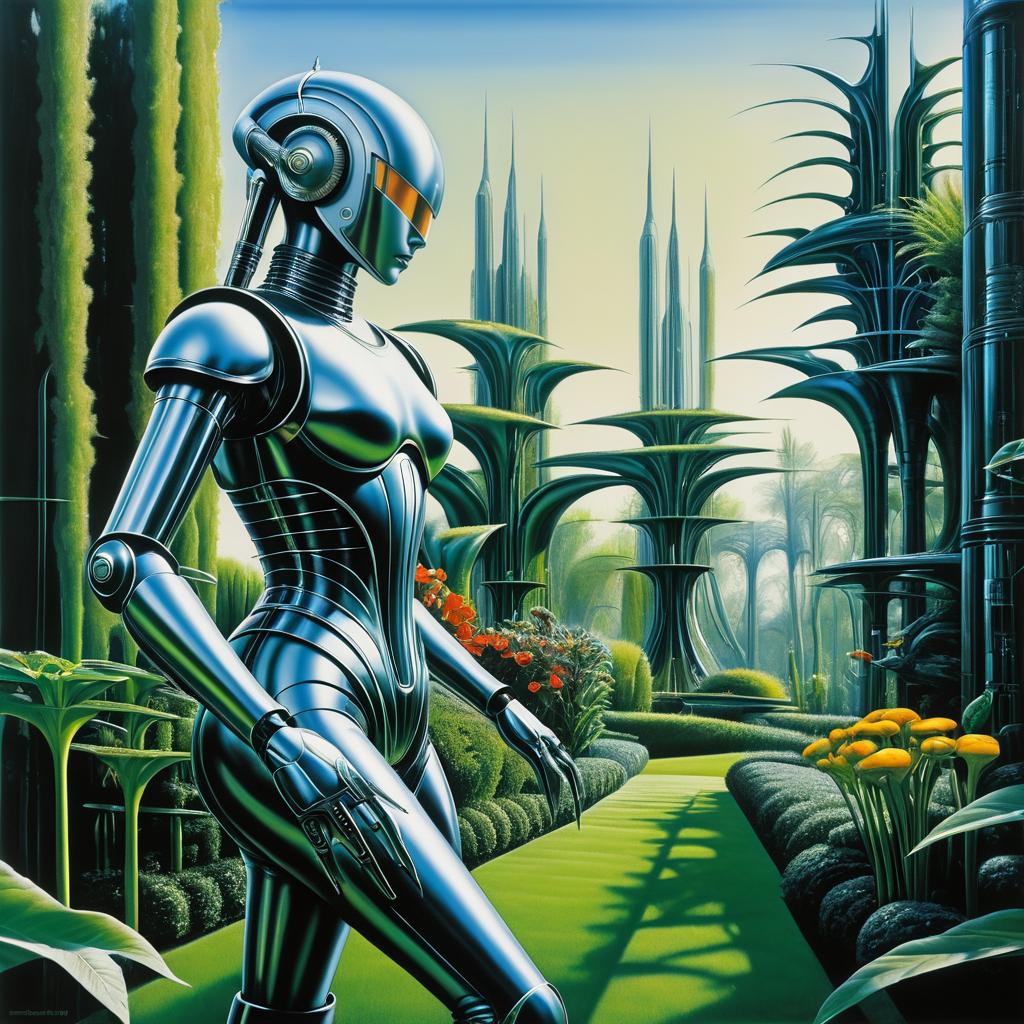 Futuristic Gardening Robot in Surreal Landscape