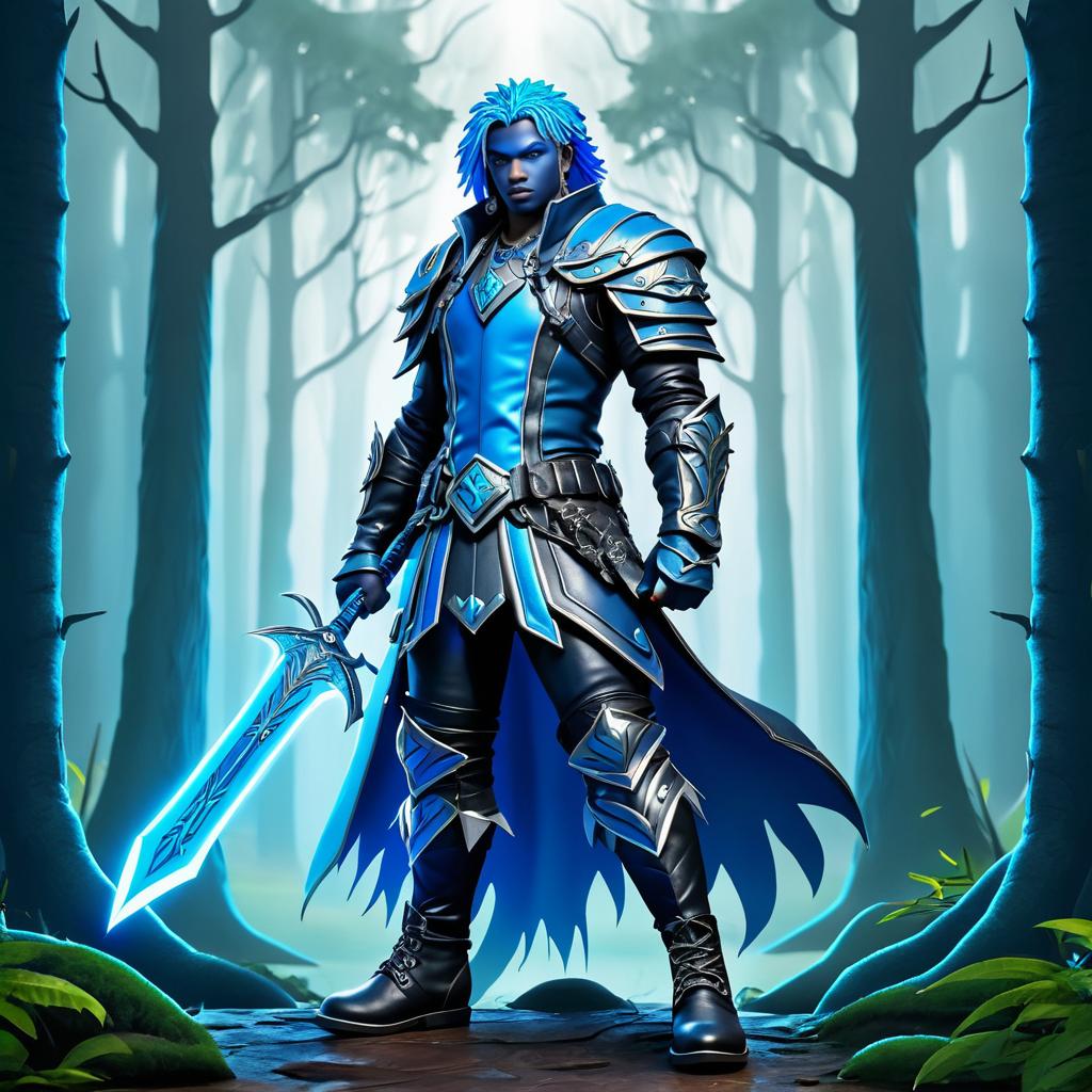 Heroic Blue-Skinned Warrior in Fantasy Forest