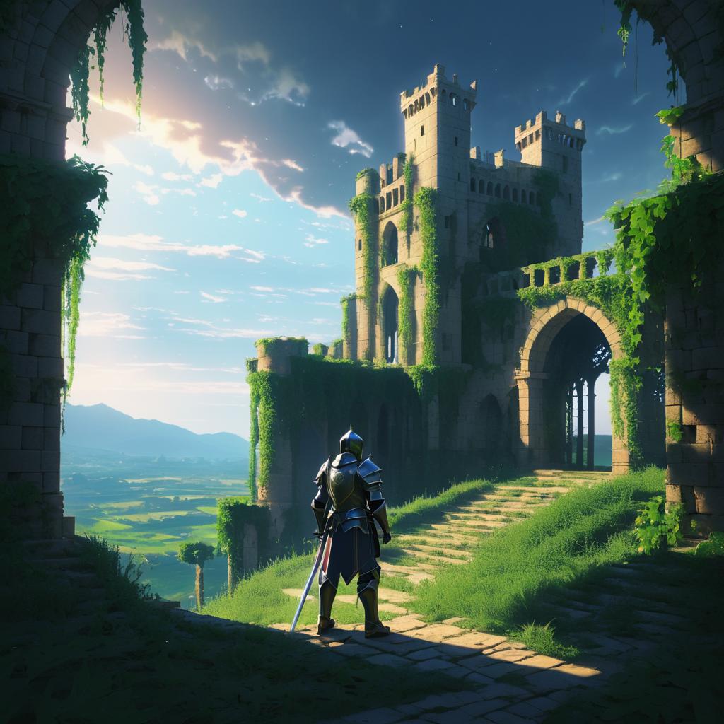 Knight in Ruined Castle with Vines