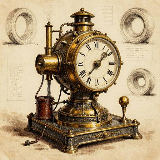 Antique brass clock with Roman numerals, ornate pedestal, and brass pipes, set against a vintage, sketch-like background. Detailed, aged illustration