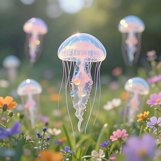 Photograph of glowing jellyfish floating among vibrant, colorful flowers in a sunlit meadow, with a bokeh green and yellow background.