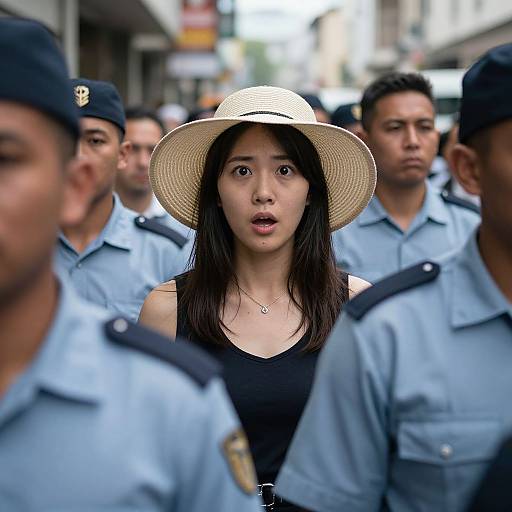 Photograph of an Asian woman with long black hair, wearing a wide-brimmed straw hat and black tank top, surrounded by uniformed police officers